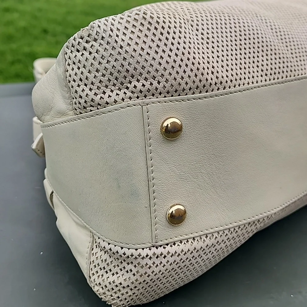 Versace Perforated Beige and Gold Leather Dome Shaped Satchel